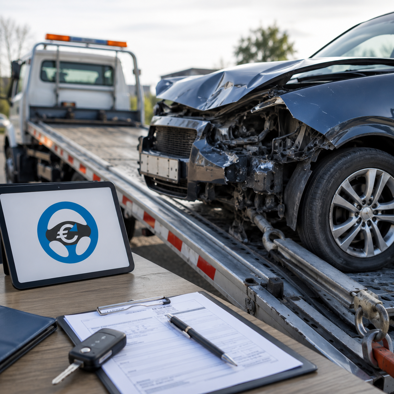 Image professionnelle représentant une voiture d’occasion en panne, accidentée ou non roulante pouvant être reprise par Delivauto sans que le propriétaire ait besoin de la réparer avant l’estimation. Le visuel doit montrer un véhicule immobilisé dans un contexte réaliste, par exemple devant un garage, dans une cour, sur un parking ou près d’un domicile, afin d’illustrer la difficulté de vendre une voiture qui ne roule plus ou qui nécessite de gros frais. L’image accompagne une section dédiée à la reprise de véhicules difficiles à vendre : voitures moteur HS, véhicules accidentés, voitures sans contrôle technique selon le dossier, voitures avec boîte automatique cassée, distribution cassée, turbo HS, embrayage à refaire, fort kilométrage ou frais mécaniques importants. Le visuel doit transmettre l’idée qu’une voiture qui ne roule plus n’est pas forcément invendable et qu’une solution professionnelle peut exister avec Delivauto. Il doit rester réaliste, lumineux, professionnel et commercial, sans texte visible intégré dans l’image. L’objectif SEO est de renforcer les mots clés reprise voiture en panne, rachat voiture accidentée, vendre voiture non roulante, moteur HS, estimation gratuite véhicule, voiture avec gros frais, reprise automobile partout en France, enlèvement possible, vente sans stress et solution Delivauto. La scène doit évoquer un accompagnement sérieux, une analyse du véhicule selon son état réel, la simplicité de la démarche et la possibilité de vendre même lorsque les canaux classiques comme les garages ou les annonces entre particuliers deviennent compliqués.