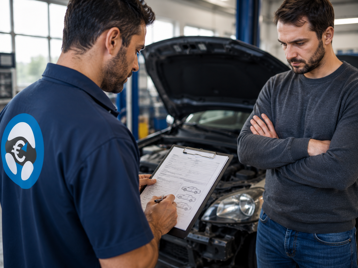 Image professionnelle illustrant l’analyse d’un dossier de reprise automobile par Delivauto pour une voiture d’occasion devenue difficile à vendre. Le visuel doit représenter une scène claire et réaliste autour d’un véhicule en panne, accidenté, immobilisé, non roulant ou avec de gros frais mécaniques, avec l’idée d’un professionnel qui étudie les informations du véhicule avant de proposer une solution de reprise. L’image peut montrer une voiture dans un garage, sur un parking, à domicile ou près d’une dépanneuse, avec un contexte commercial rassurant. Elle doit évoquer la vérification de la marque, du modèle, de l’année, du kilométrage, de l’état général, de la panne, de la localisation et des documents disponibles comme la carte grise ou le contrôle technique selon le dossier. L’objectif est de montrer que Delivauto ne juge pas seulement une voiture selon son apparence, mais selon son état réel et sa valeur de reprise possible. Cette image doit renforcer les mots clés SEO rachat voiture occasion, reprise véhicule en panne, estimation voiture moteur HS, vendre voiture accidentée, voiture non roulante, reprise sans contrôle technique selon dossier, voiture immobilisée au garage, enlèvement de véhicule, reprise professionnelle Delivauto et vente automobile sans stress. Le visuel doit rester moderne, naturel, lumineux, professionnel et sans texte intégré, afin de s’intégrer dans une page marketing sur les avantages Delivauto.