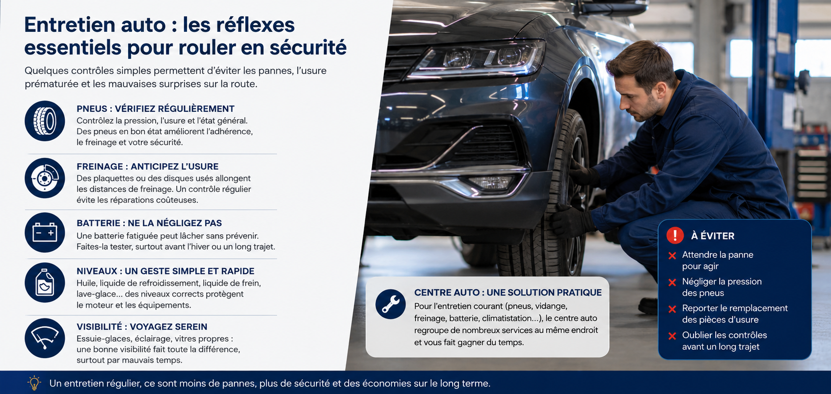 Infographie conseils entretien auto : pneus, freins, batterie, niveaux et contrôles avant long trajet