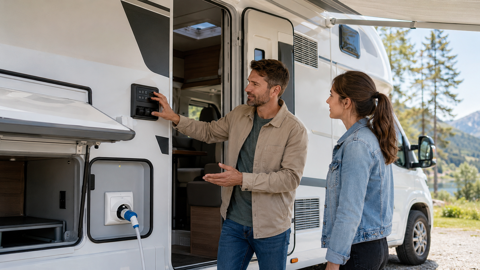 Propriétaire expliquant à une locataire le fonctionnement des équipements d’un camping-car, comme l’eau, l’électricité, les rangements et les commandes avant le départ.