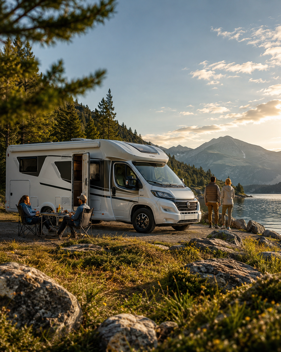 Camping-car de location stationné au bord d’un lac de montagne avec des voyageurs profitant d’un séjour libre en pleine nature.
