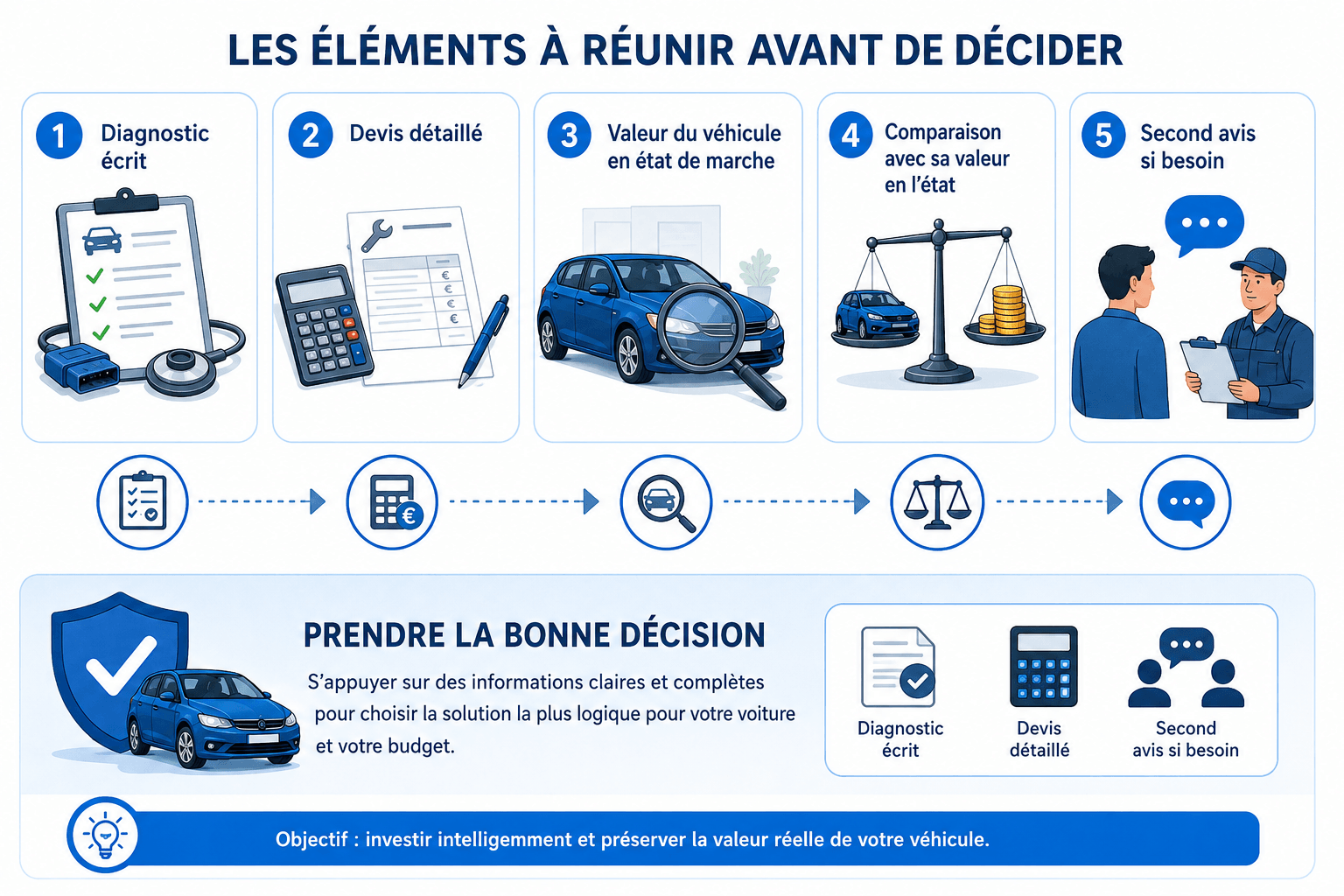 Avant de réparer une voiture en panne, il faut obtenir un diagnostic clair, un devis détaillé et une estimation réaliste de la valeur du véhicule. Lorsqu’un garage annonce une réparation importante, un remplacement moteur, une boîte de vitesses HS, un joint de culasse, une panne électronique ou des frais élevés, la décision ne doit pas se prendre dans l’urgence. Même si la réparation est techniquement possible, elle n’est pas toujours financièrement intéressante. Le propriétaire doit comparer le coût des travaux avec la valeur de la voiture en état de marche, mais aussi avec sa valeur en l’état.
Le premier élément à demander est un diagnostic écrit. Il doit préciser les tests réalisés, les symptômes constatés, les pièces concernées et la cause probable de la panne. Un simple avis oral ne suffit pas toujours, surtout si le devis est élevé ou si le véhicule est immobilisé. Le deuxième élément important est un devis détaillé, avec le prix des pièces, la main-d’œuvre, les fluides, les opérations annexes et les éventuels frais supplémentaires. Cela permet de comprendre ce qui est réellement inclus dans la réparation.
Il faut ensuite estimer la valeur du véhicule s’il était réparé et roulant. Une voiture récente, entretenue et bien cotée peut justifier un devis important. À l’inverse, une voiture ancienne, fortement kilométrée, sans contrôle technique, avec pneus usés, distribution à prévoir ou carrosserie abîmée peut devenir moins rentable à réparer. La comparaison avec sa valeur en l’état est donc essentielle. Si la différence entre les deux valeurs ne couvre pas vraiment les frais engagés, vendre la voiture en panne peut être plus logique.
Un second avis est aussi utile lorsque le devis reste imprécis, lorsque le garage annonce directement un remplacement moteur ou lorsque le coût des travaux se rapproche de la valeur du véhicule. Le but n’est pas de refuser systématiquement la réparation, mais d’éviter d’investir plus que la voiture ne pourra réellement récupérer en valeur. Delivauto peut accompagner les propriétaires qui souhaitent comparer réparation et reprise : voiture en panne, moteur HS, boîte HS, joint de culasse, sans CT, accidentée, non roulante ou avec gros frais. Une estimation permet de prendre une décision plus claire, plus rationnelle et mieux adaptée à l’état réel du véhicule.