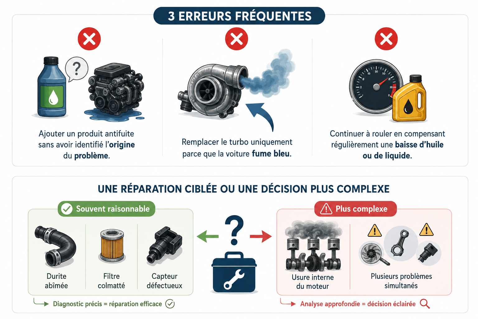 Fumée moteur, trois erreurs fréquentes à éviter lorsque la voiture fume blanc, bleu, noir ou gris et que le conducteur cherche une solution rapide avant le diagnostic. Lorsqu’une fumée anormale apparaît à l’échappement, le premier réflexe est souvent de vouloir agir vite : ajouter un produit, remplacer une pièce connue ou continuer à rouler en surveillant simplement les niveaux. Pourtant, ces réactions peuvent aggraver la panne ou faire perdre du temps si l’origine du problème n’est pas clairement identifiée.
La première erreur fréquente consiste à ajouter un produit antifuite sans savoir d’où vient réellement le problème. Une fuite de liquide de refroidissement peut venir d’une durite, d’un radiateur, d’une pompe à eau, d’un vase d’expansion, d’un bouchon, d’un joint de culasse ou d’une fuite interne. Un produit ne remplace pas un diagnostic et peut parfois masquer temporairement un défaut sans traiter la cause. La deuxième erreur est de remplacer le turbo uniquement parce que la voiture fume bleu. Une fumée bleue peut effectivement venir d’un turbo qui laisse passer l’huile, mais elle peut aussi être liée à des joints de queue de soupape, des segments usés, une ventilation de carter encrassée, un trop-plein d’huile, une huile inadaptée ou une mauvaise lubrification.
La troisième erreur consiste à continuer à rouler en compensant régulièrement une baisse d’huile ou de liquide. Rajouter du liquide de refroidissement ou de l’huile sans comprendre pourquoi le niveau baisse peut conduire à une panne beaucoup plus grave : surchauffe moteur, joint de culasse HS, turbo endommagé, segmentation fatiguée, moteur usé ou casse moteur. Une réparation ciblée reste souvent raisonnable lorsqu’il s’agit d’une durite, d’un filtre, d’un capteur, d’un bouchon, d’un collier ou d’un élément périphérique. En revanche, la décision devient plus complexe lorsque la fumée révèle une usure interne du moteur ou plusieurs problèmes simultanés.
Delivauto peut accompagner les propriétaires lorsque le devis devient trop élevé ou que la voiture devient difficile à revendre : fumée bleue, fumée blanche persistante, moteur HS, joint de culasse, turbo HS, perte d’huile, fuite de liquide de refroidissement, contrôle technique refusé, véhicule immobilisé ou gros frais mécaniques. Une estimation permet alors de comparer la réparation avec la valeur réelle du véhicule.