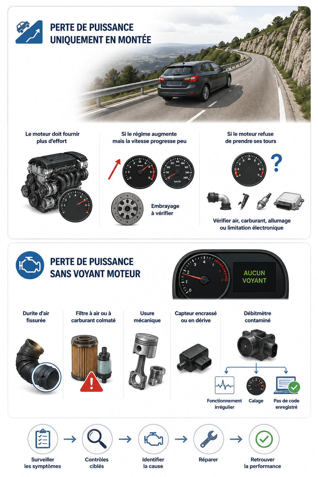 Perte de puissance en montée ou sans voyant moteur, que vérifier lorsque la voiture semble manquer de force sans afficher immédiatement d’alerte au tableau de bord. Une perte de puissance peut être discrète sur route plate, puis devenir beaucoup plus visible en montée, lorsque le moteur doit fournir davantage d’effort. Dans cette situation, une petite fuite de suralimentation, une durite légèrement fissurée, un filtre à carburant partiellement bouché, un débitmètre contaminé, un embrayage fatigué ou un défaut d’alimentation peut suffire à rendre la voiture molle, lente ou difficile à relancer.
Le comportement du moteur donne souvent une première piste. Si le régime moteur augmente fortement mais que la vitesse progresse peu, l’embrayage qui patine doit être étudié. Cela peut arriver sur une voiture ancienne, fortement kilométrée, utilisée en ville, tractant régulièrement une charge ou ayant déjà montré des signes de faiblesse à l’accélération. À l’inverse, si le moteur refuse de prendre ses tours, si l’accélération reste bloquée ou si le véhicule semble étouffé, il faut plutôt rechercher un défaut d’air, de carburant, d’allumage, de turbo, de capteur ou une limitation électronique.
Une perte de puissance sans voyant moteur ne signifie pas que tout va bien. Certains défauts peuvent réduire les performances sans déclencher immédiatement d’alerte : filtre à air colmaté, filtre à carburant fatigué, durite d’admission fissurée, débitmètre encrassé, capteur encore dans une plage jugée plausible, usure mécanique progressive ou problème de combustion. Un débitmètre contaminé peut par exemple provoquer un fonctionnement irrégulier, des trous à l’accélération ou même un calage sans enregistrer systématiquement un code défaut évident.
Delivauto conseille de ne pas attendre que la panne s’aggrave. Si la voiture perd de la puissance en montée, manque de reprise, fume, consomme plus, broute, cale ou devient dangereuse lors des dépassements, un diagnostic est nécessaire. Delivauto peut accompagner les propriétaires lorsque les réparations deviennent trop coûteuses : voiture qui perd de la puissance, turbo HS, embrayage fatigué, injection défectueuse, moteur en mode dégradé, FAP bouché, voyant moteur, véhicule immobilisé ou gros devis mécanique. Une estimation de reprise permet alors de comparer le coût des travaux avec la valeur réelle du véhicule.