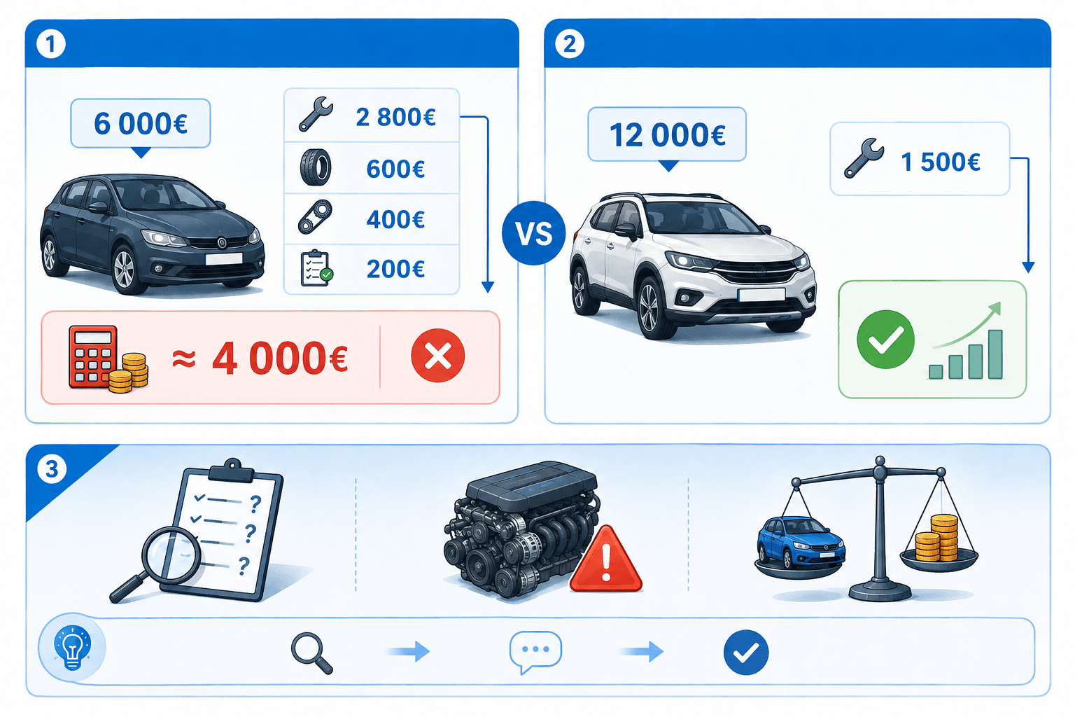 Réparation voiture trop chère, comparer le devis, la valeur du véhicule et les frais à venir avec Delivauto avant de décider s’il faut réparer, changer le moteur ou vendre la voiture en l’état. Lorsqu’une panne importante apparaît, beaucoup de propriétaires regardent seulement le montant du devis annoncé par le garage. Pourtant, la bonne décision ne dépend pas uniquement du prix de la réparation. Il faut aussi tenir compte de la valeur réelle de la voiture, de son kilométrage, de son âge, de son état général, du contrôle technique, de l’entretien à venir et des autres frais déjà prévisibles.
Prenons un exemple indicatif. Une voiture vaut environ 6 000 € en état de rouler. Le devis de réparation atteint 2 800 €. À cela s’ajoutent prochainement les pneus, la distribution et le contrôle technique, pour environ 1 200 € supplémentaires. L’effort total approche donc 4 000 €. Même si la réparation reste techniquement possible, elle devient financièrement discutable, car le propriétaire investit presque les deux tiers de la valeur du véhicule dans une voiture qui peut encore présenter d’autres risques par la suite.
À l’inverse, un devis de 1 500 € sur une voiture récente, entretenue, propre et estimée à 12 000 € peut rester beaucoup plus rationnel qu’un changement de véhicule. Dans ce cas, réparer peut permettre de conserver une voiture fiable, de préserver sa valeur et d’éviter un achat plus coûteux. Tout dépend donc du rapport entre le coût des travaux, la valeur du véhicule et les frais qui arrivent.
Un second avis est particulièrement utile lorsque le premier devis reste imprécis, lorsque le garage annonce directement un remplacement moteur, lorsque la panne semble lourde ou lorsque la valeur de la voiture est proche du coût des réparations. Delivauto peut accompagner les propriétaires lorsque réparer n’est plus intéressant : voiture en panne, moteur HS, joint de culasse HS, boîte de vitesses HS, contrôle technique refusé, véhicule immobilisé, accidenté, non roulant ou avec gros frais. Une estimation permet alors de comparer clairement la reprise du véhicule en l’état avec le coût réel des réparations.