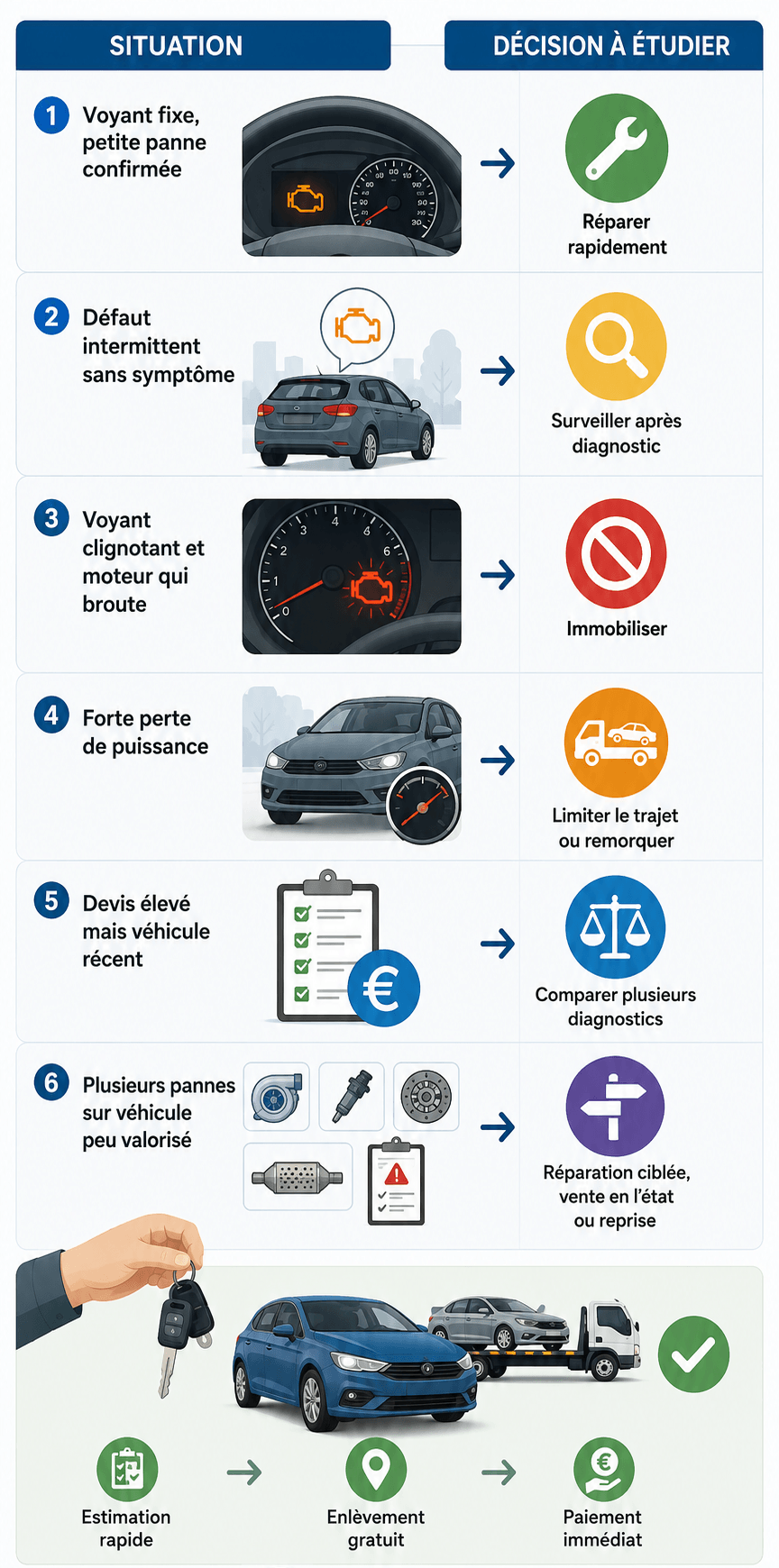 Voyant moteur et gros devis, faut-il réparer ou vendre la voiture en l’état lorsque le véhicule commence à cumuler plusieurs défauts mécaniques. Une réparation importante peut rester cohérente sur une voiture récente, bien entretenue, avec un kilométrage raisonnable et une valeur encore élevée sur le marché. Dans ce cas, réparer rapidement une petite panne confirmée peut éviter une aggravation, préserver la fiabilité du véhicule et permettre de continuer à rouler sereinement. Un voyant moteur fixe, sans perte de puissance, peut parfois correspondre à une panne limitée : capteur, sonde, vanne EGR, FAP encrassé, bobine, injecteur ou défaut de dépollution. Le bon réflexe reste de faire un diagnostic avant de remplacer des pièces au hasard.
La situation devient plus discutable lorsque la voiture est ancienne, fortement kilométrée ou déjà touchée par plusieurs frais : turbo fatigué, injection défectueuse, embrayage usé, antipollution en défaut, contrôle technique à prévoir, pneus, distribution, freinage ou carrosserie abîmée. Un défaut intermittent sans symptôme peut être surveillé après diagnostic, mais un voyant clignotant avec moteur qui broute impose d’immobiliser le véhicule pour éviter une panne plus grave. En cas de forte perte de puissance, de mode dégradé, de bruit anormal, de fumée ou de surchauffe, il vaut mieux limiter le trajet ou prévoir un remorquage.
Avant d’accepter un devis élevé, surtout sur une voiture récente, il est utile de comparer plusieurs diagnostics. Le problème peut parfois venir d’une cause moins coûteuse que prévu, mais il peut aussi révéler une panne lourde. Sur un véhicule peu valorisé qui cumule plusieurs défauts, trois options sont à étudier : une réparation ciblée si elle reste rentable, une vente en l’état ou une reprise professionnelle. Delivauto peut accompagner les propriétaires lorsque la réparation n’est plus évidente : voiture avec voyant moteur, moteur HS, turbo HS, injection, FAP bouché, embrayage fatigué, contrôle technique refusé, véhicule immobilisé ou frais mécaniques trop élevés. Une estimation permet de comparer le coût des travaux avec la valeur réelle de la voiture.
