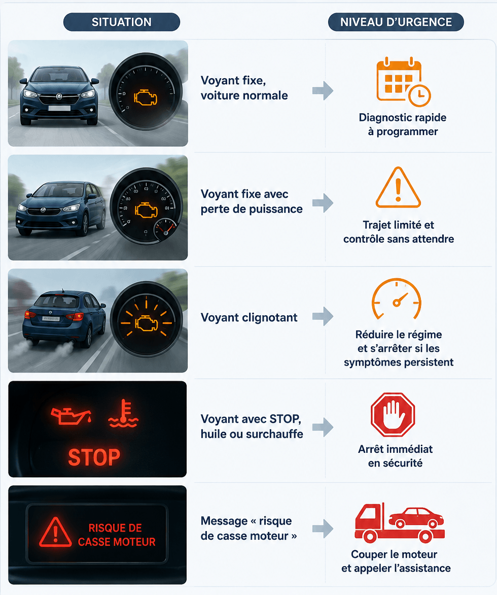 Voyant moteur rouge, quand faut-il s’arrêter immédiatement et comment reconnaître le vrai niveau d’urgence sur le tableau de bord. Le pictogramme classique du moteur est le plus souvent orange. Lorsqu’un conducteur parle d’un voyant moteur rouge, il peut parfois confondre avec une autre alerte beaucoup plus grave : pression d’huile, température du liquide de refroidissement, voyant STOP, surchauffe moteur ou message indiquant un risque de casse moteur. Dans ce cas, il ne faut pas se fier uniquement à la couleur ou au souvenir du pictogramme. Il faut identifier précisément le témoin affiché, lire le message au tableau de bord et observer le comportement de la voiture.
Un voyant moteur fixe, avec une voiture qui roule normalement, demande un diagnostic rapide à programmer. Il peut s’agir d’un défaut lié à l’injection, au FAP, à la vanne EGR, à une sonde, au catalyseur ou à la gestion moteur. En revanche, si le voyant reste fixe avec une perte de puissance, un mode dégradé, des à-coups ou une fumée anormale, il faut limiter le trajet et faire contrôler le véhicule sans attendre. Un voyant moteur clignotant impose encore plus de prudence : il faut réduire le régime, éviter les fortes accélérations et s’arrêter si les symptômes persistent.
La situation devient critique lorsque le voyant apparaît avec STOP, pression d’huile, température trop élevée ou surchauffe. Ces alertes rouges demandent généralement un arrêt immédiat en sécurité, car continuer à rouler peut entraîner une casse moteur, un joint de culasse, une culasse déformée, un manque de lubrification ou une panne immobilisante. Si le message « risque de casse moteur » s’affiche, il est préférable de couper le moteur et d’appeler l’assistance.
Delivauto peut accompagner les propriétaires lorsque le diagnostic révèle une réparation trop coûteuse : moteur HS, surchauffe, voyant STOP, défaut pression d’huile, joint de culasse, FAP bouché, turbo HS, véhicule immobilisé ou contrôle technique refusé. Une estimation permet alors de comparer le coût du devis avec la valeur réelle de la voiture et d’envisager une reprise en l’état partout en France.