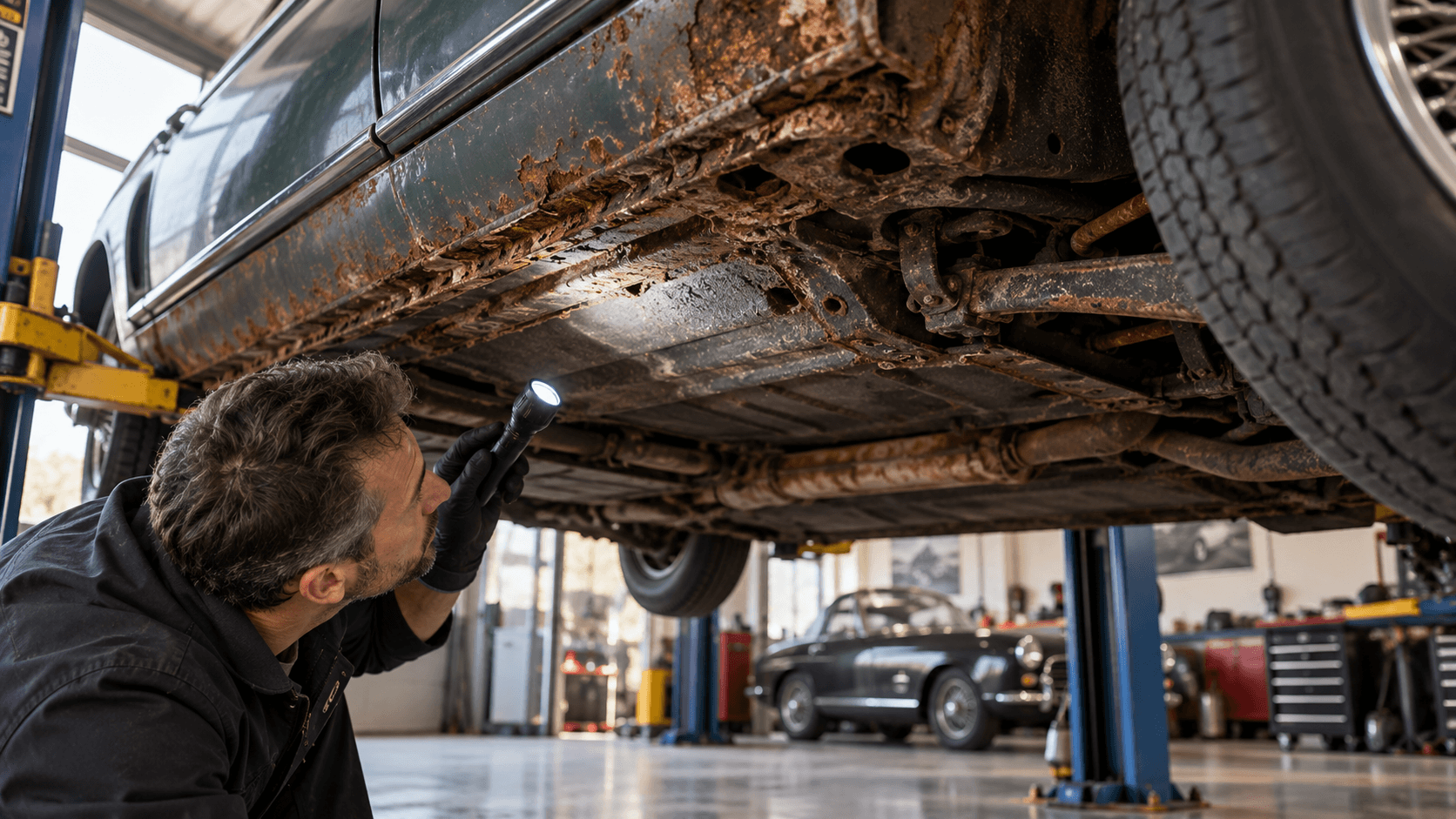 Corrosion, châssis et dessous d’une voiture ancienne immobilisée : les zones à contrôler avant toute remise en route. Une belle carrosserie, une peinture brillante ou un habitacle bien conservé ne garantissent pas que la structure soit saine. Après plusieurs mois ou plusieurs années d’immobilisation, surtout dans un garage humide, une grange, un sous-sol, un parking mal ventilé ou un local proche de la mer, la corrosion peut progresser dans des parties peu visibles et fragiliser certains éléments essentiels du véhicule.
L’inspection doit porter en priorité sur les bas de caisse, longerons, passages de roues, planchers, points de levage, berceaux, ancrages de suspension, supports mécaniques et zones proches des fixations de train roulant. Les dessous de caisse peuvent aussi cacher de la rouille sous un ancien traitement protecteur, une couche de boue, du goudron ou des réparations antérieures. Sur une voiture ancienne, une youngtimer ou un véhicule resté immobilisé longtemps, il est donc important de regarder sous la voiture et pas seulement autour.
Il faut également rechercher des traces de perforation, cloques sous la peinture, métal friable, fissures, déformations ou anciennes réparations mal protégées. Une corrosion superficielle n’a pas le même impact qu’une attaque avancée sur un longeron, un plancher ou un point d’ancrage. Dans les cas les plus sérieux, la structure peut devenir coûteuse à réparer et compromettre la sécurité ou le passage au contrôle technique. Une inspection sur pont par un professionnel permet souvent de voir des défauts impossibles à identifier depuis le sol.
Si la corrosion importante s’ajoute à d’autres problèmes — freinage grippé, pneus anciens, distribution à refaire, moteur bloqué, joint de culasse, boîte de vitesses HS, fuite, intérieur dégradé ou carrosserie endommagée — il faut comparer le coût global de restauration à la valeur économique du véhicule. Delivauto peut étudier la reprise d’une voiture ancienne, youngtimer ou véhicule immobilisé, en panne, non roulant, sans contrôle technique ou avec corrosion importante selon le dossier. Une voiture peut encore avoir une valeur, même lorsque la remise en état devient trop lourde pour son propriétaire.