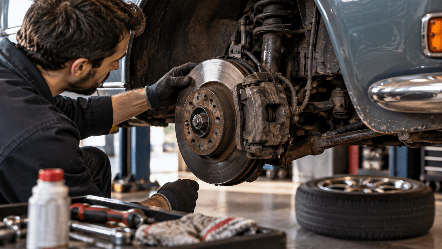 Freinage d’une voiture ancienne immobilisée, les contrôles indispensables à effectuer avant même de penser à reprendre la route. Un moteur qui démarre correctement ne garantit absolument pas qu’une voiture soit capable de s’arrêter en sécurité. Après plusieurs mois ou plusieurs années sans rouler, l’humidité, la corrosion et l’absence de mouvement peuvent détériorer ou gripper différents éléments du système de freinage : disques, tambours, étriers, cylindres, flexibles, canalisations rigides, câbles de frein à main et liquide de frein.
Avant tout essai routier, il faut vérifier que les roues tournent librement et qu’aucun frein ne reste bloqué. La pédale de frein doit également être contrôlée : une pédale anormalement molle, qui s’enfonce excessivement, reste dure ou présente une course inhabituelle peut révéler un problème dans le circuit. Une voiture immobilisée peut avoir des étriers grippés ou des mâchoires collées, même si aucun défaut évident n’apparaît au premier regard. Forcer le véhicule à rouler dans cet état peut aggraver les dommages.
La recherche de fuites est tout aussi importante. Le niveau de liquide de frein doit être vérifié, mais également les flexibles, raccords et canalisations rigides, notamment dans les parties basses du véhicule et les zones difficiles à voir où la corrosion peut progresser silencieusement. Des traces humides, un niveau anormalement bas ou une canalisation fortement rouillée doivent conduire à faire contrôler le système avant toute circulation. Sur une voiture ancienne ou une youngtimer stockée longtemps, le liquide de frein peut aussi avoir absorbé de l’humidité et nécessiter un remplacement.
Frein bloqué, fuite de liquide, pédale anormale, canalisation très corrodée ou doute sur le fonctionnement du système : aucun essai routier ne doit être tenté avant diagnostic et réparation. Si la remise en état du freinage s’ajoute à d’autres travaux importants — pneus, distribution, corrosion, moteur bloqué, embrayage, boîte de vitesses ou carrosserie — il devient pertinent de comparer le coût total des réparations à la valeur économique du véhicule. Delivauto peut étudier la reprise d’une voiture ancienne immobilisée, en panne, non roulante, sans contrôle technique ou avec plusieurs frais à prévoir selon le dossier.